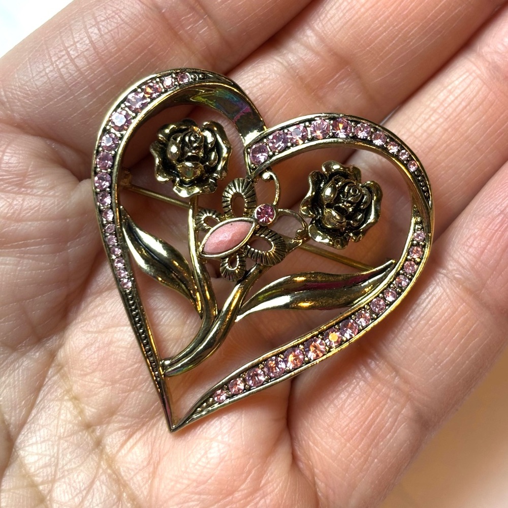 Vintage Goldtone Heart-Shaped Brooch with Pink Rhinestone Rose Faceted Butterfly